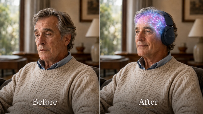 Before: a man without HERNOA. After: the same man wearing HERNOA, shown with an illustrative graphic of the brain regions receiving dual-wavelength light energy.